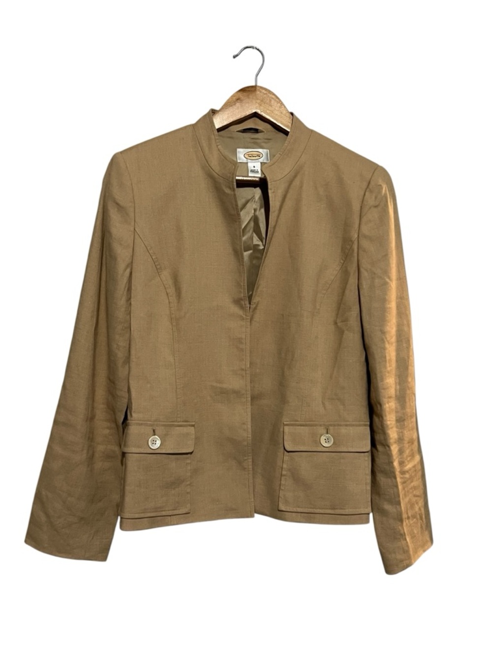 Talbots Linen Blend Camel Collarless Clasp Jacket Pocket Blazer Women's 6 Career